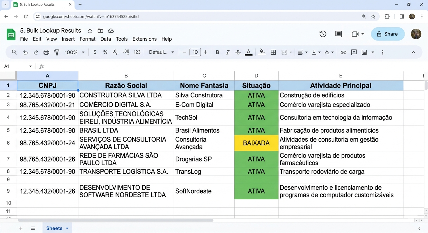 Consulta de CNPJ em lote — planilha com dados preenchidos via API