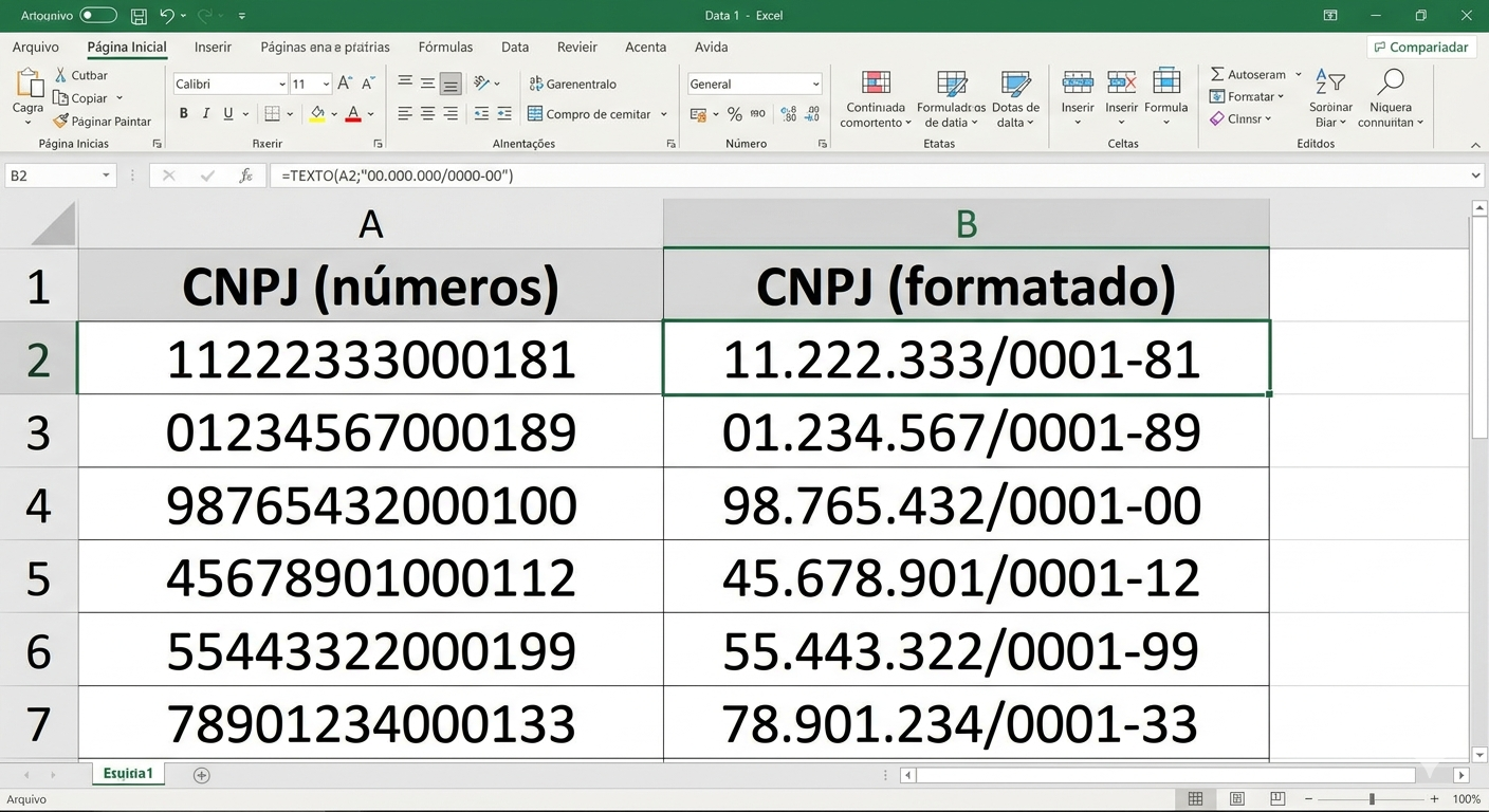 Formatação de CNPJ no Excel — coluna A com números e coluna B formatada